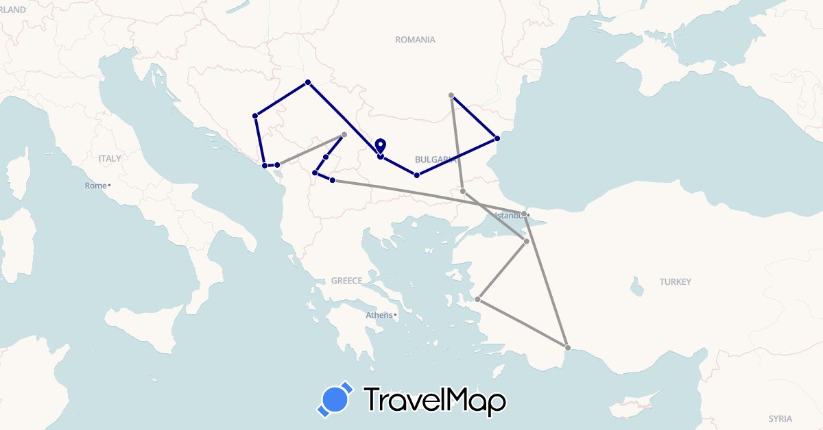 TravelMap itinerary: driving, plane in Bosnia and Herzegovina, Bulgaria, Montenegro, Macedonia, Romania, Serbia, Turkey, Kosovo (Asia, Europe)